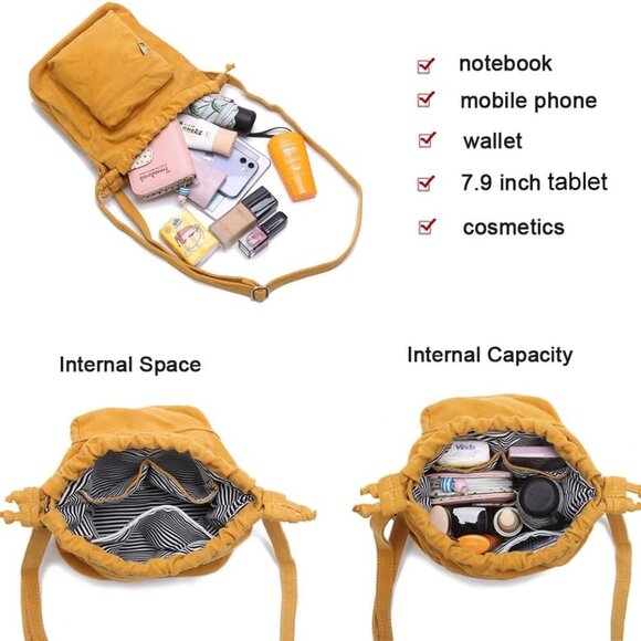 Crossbody Bags for Women Small Canvas Drawstring Bucket Purse Cute Little Boho B - Picture 4 of 6